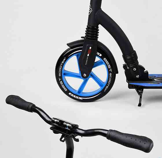 Самокат Best Scooter алюмінієве широке кермо передній амортизатор Чорний з синім (54664) Чернігів