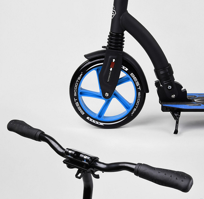 Самокат Best Scooter алюмінієве широке кермо передній амортизатор Чорний з синім (54664) Чернігів - фото 4
