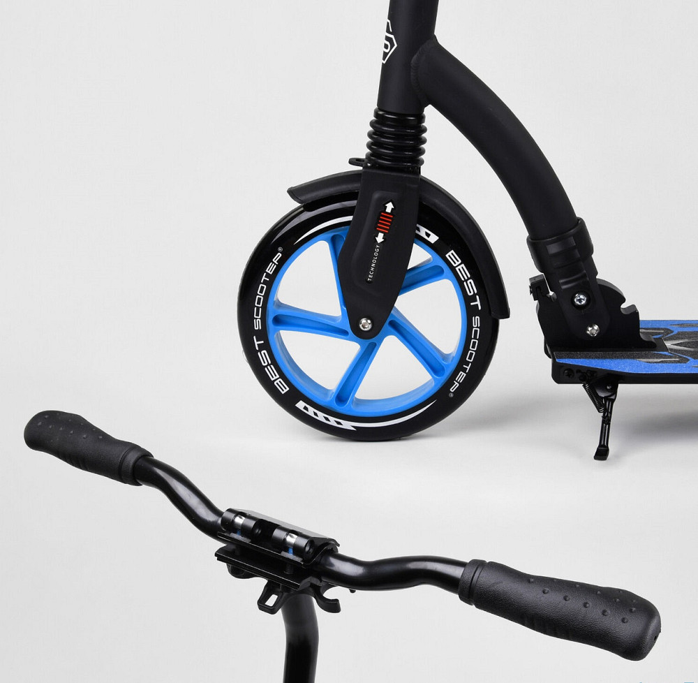 Самокат Best Scooter алюмінієве широке кермо передній амортизатор Чорний з синім (54664) Чернигов - изображение 4