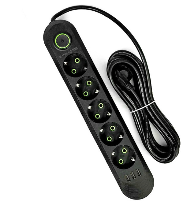 Подовжувач мережевий UA Power F05U, 3USB, 5 розеток, 6 м, чорний Винница - изображение 1