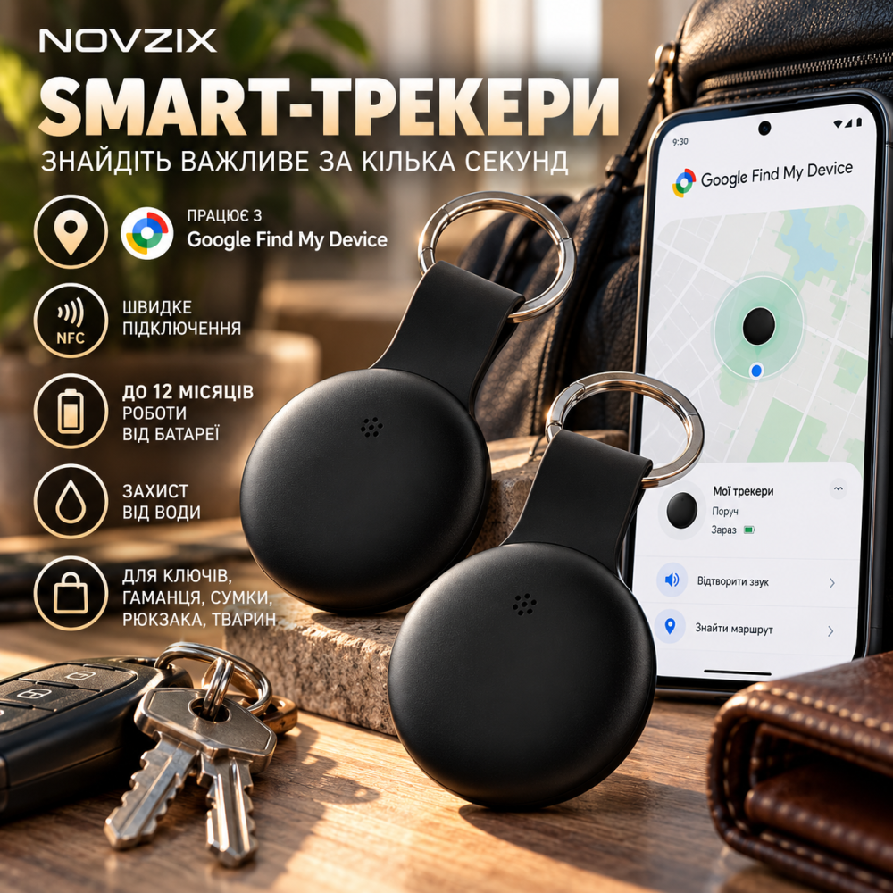 Набор Smart-трекеров NOVZIX 2 шт. для Android 9+, Google Find My Device, NFC, батарея до 12 мес., защита от воды Киев - изображение 1