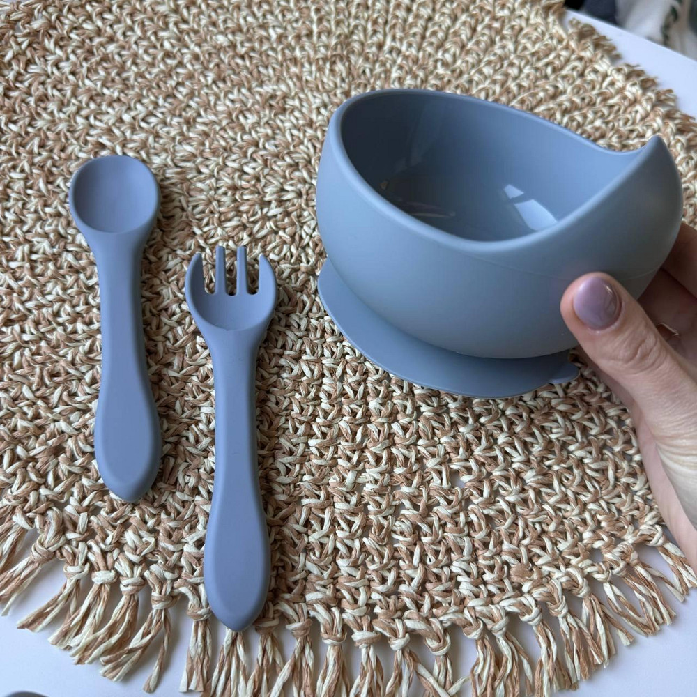 Набор детской силиконовой посуды 9 предметов на присосках Цвет серый пакунок малюка Киев - изображение 6