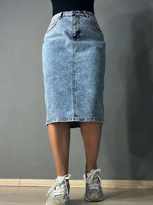 Спідниця джинсова жіноча Vanver 8118 з розрізом ззаду великі розміри блакитна, блакитний, 44, 42, 116 см, 142 см Київ - фото 1