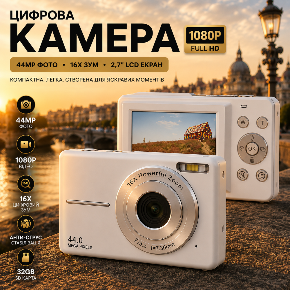 Цифровая камера DC403 44МП 1080P FHD: компактный фотоаппарат, 16x зум, карта памяти 32 ГБ, Black Киев - изображение 1