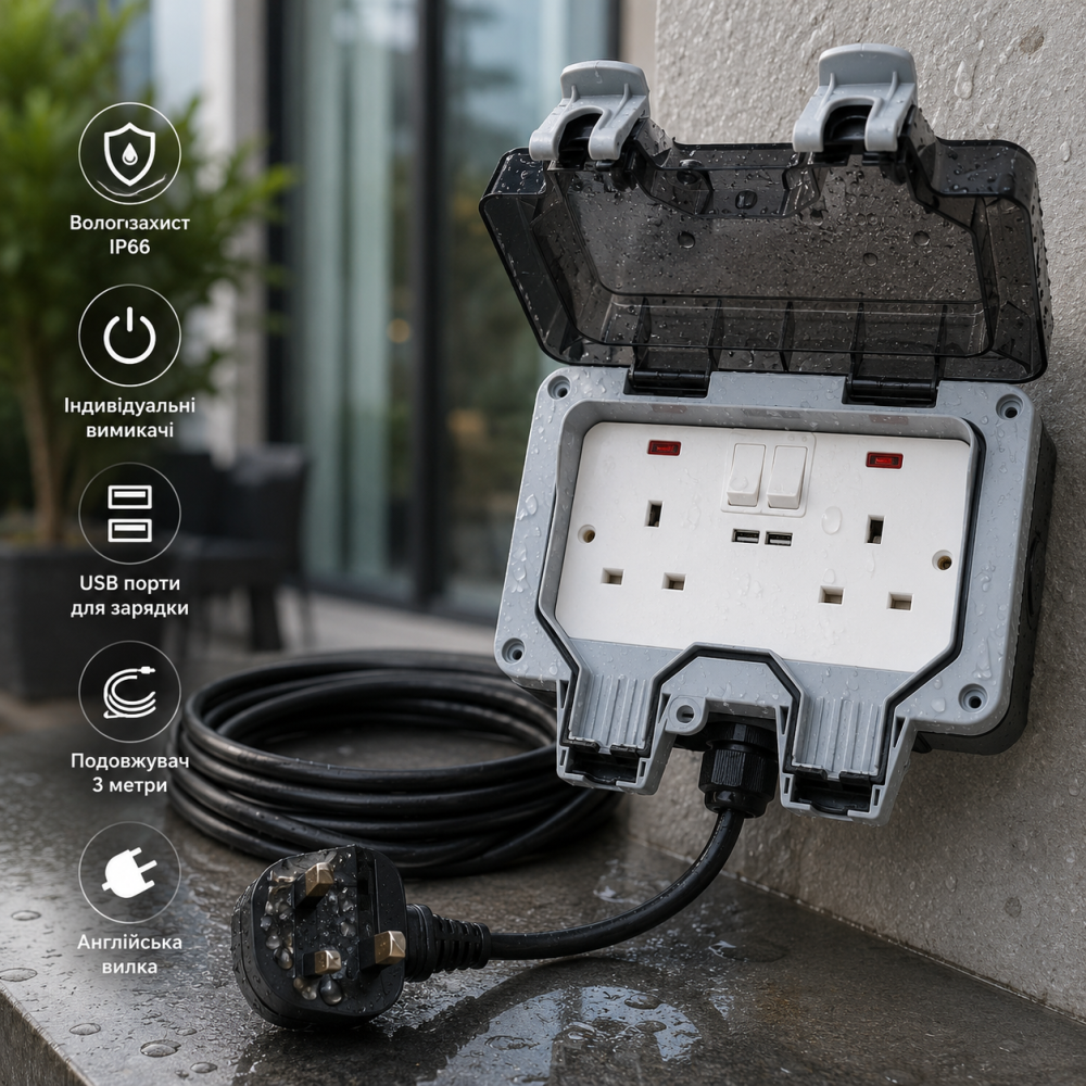 Вулична розетка подвійна вологозахищена IP66 Mscien з подовжувачем 3м, USB портами, вимикачами та англійською вилкою Київ - фото 8