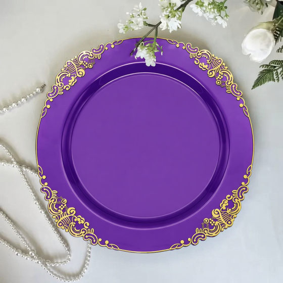 Тарелка пластиковая круглая 26 см праздничная прочная многоразовая с золотистым узором фиолетовая Каменец-Подольский