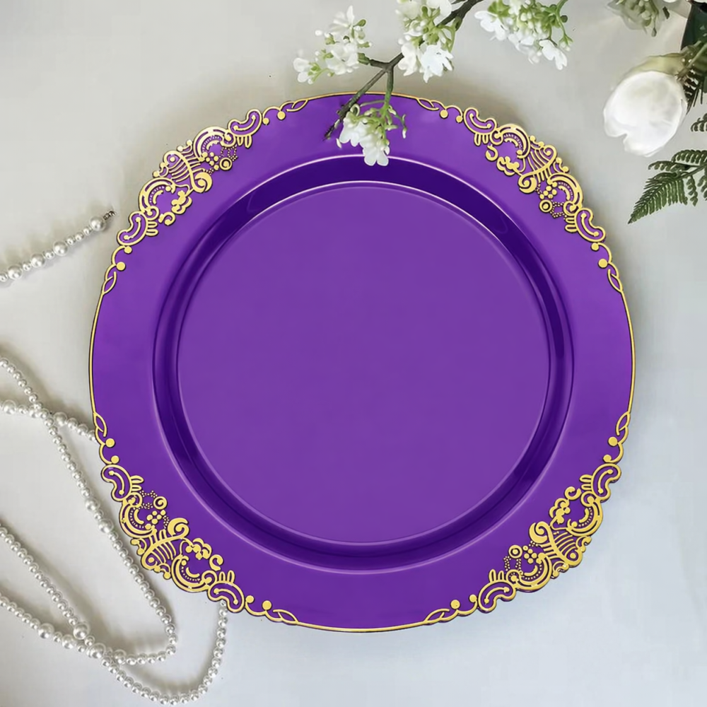 Пластикова кругла тарілка 26 см, святкова, міцна, багаторазова, з золотистим візерунком, фіолетова Кам'янець-Подільський - фото 1