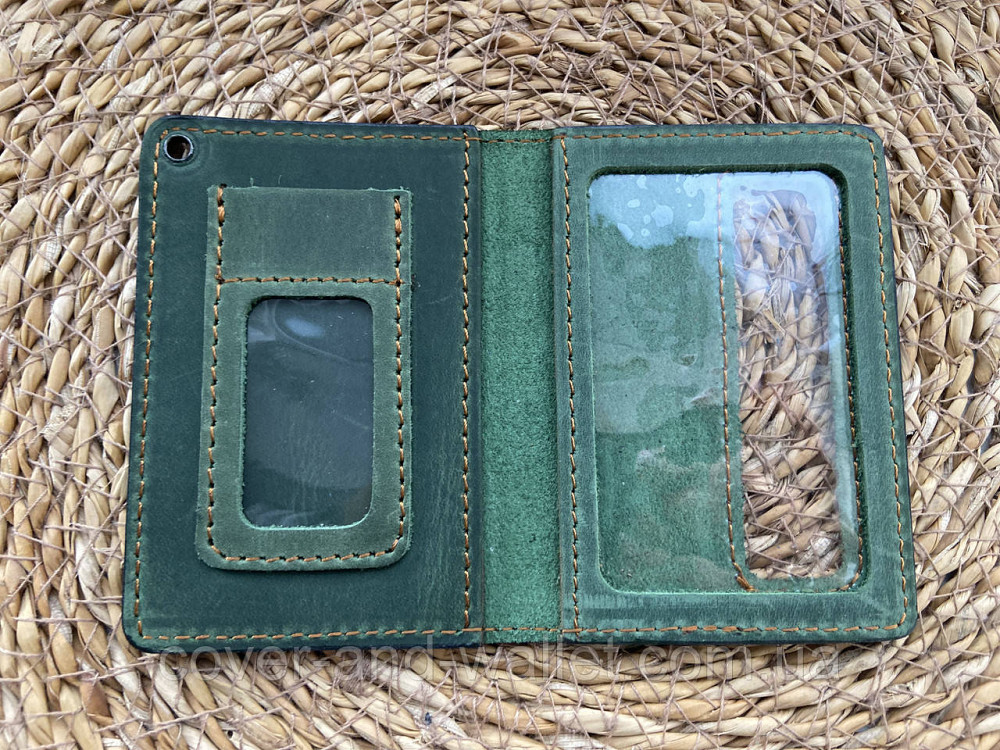 Шкіряна обкладинка ДСНС із відділенням для жетону зеленого кольору Puos Київ - фото 4