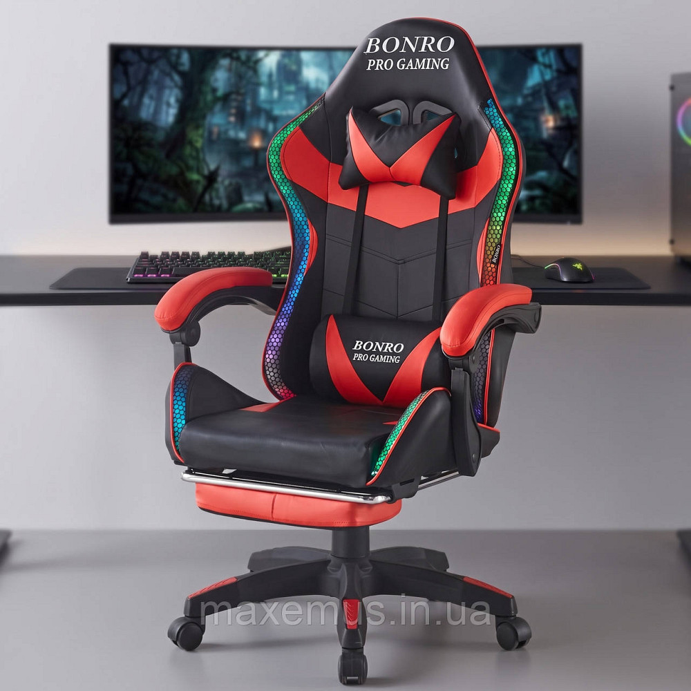 Игровое компьютерное кресло Bonro B-144 Красное с RGB-подсветкой, массажем и подножкой для геймеров Мостиська - фото 7