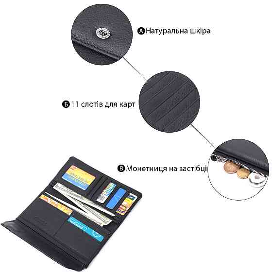 Жіноче портмоне з блоком для карт з натуральної шкіри ST Leather 22698 Чорний Київ