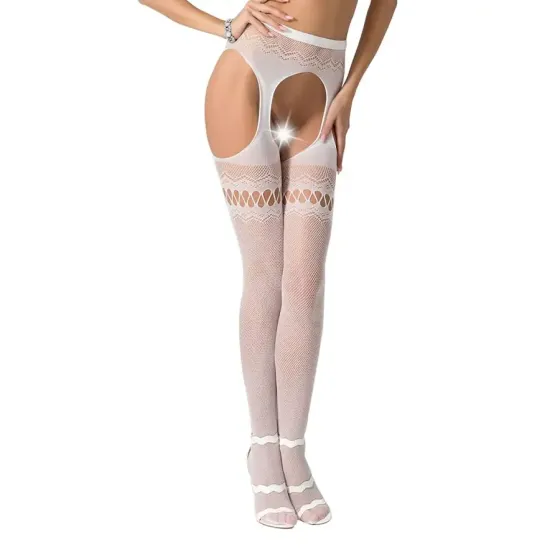 Сітчасті колготки-бодістокінги Passion S013 One Size, White, імітація панчіх та пояса з гартерами Львів