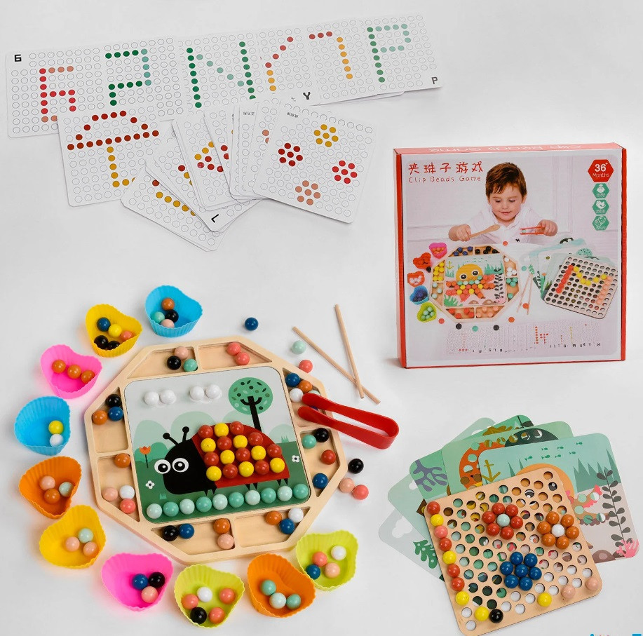 Гра дерев'яна Кругла мозаїка 6 трафаретів 30 двосторонніх карток набір кульок (C 49365) Чернігів - фото 1