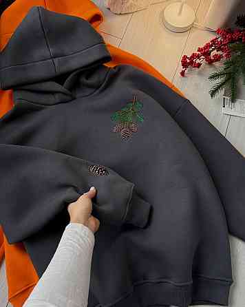 Женская стильная теплая худи с вышивкой турецкая трехнить на флисе пенье Графит Одесса