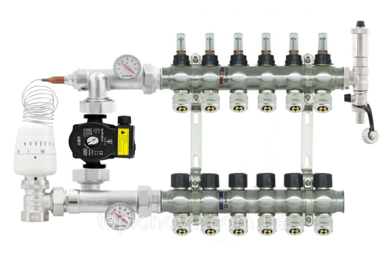 Колектор в зборі на 6 пар виходів нержавійка  "Raftec" для Теплої Підлоги з розходомірами Чернівці