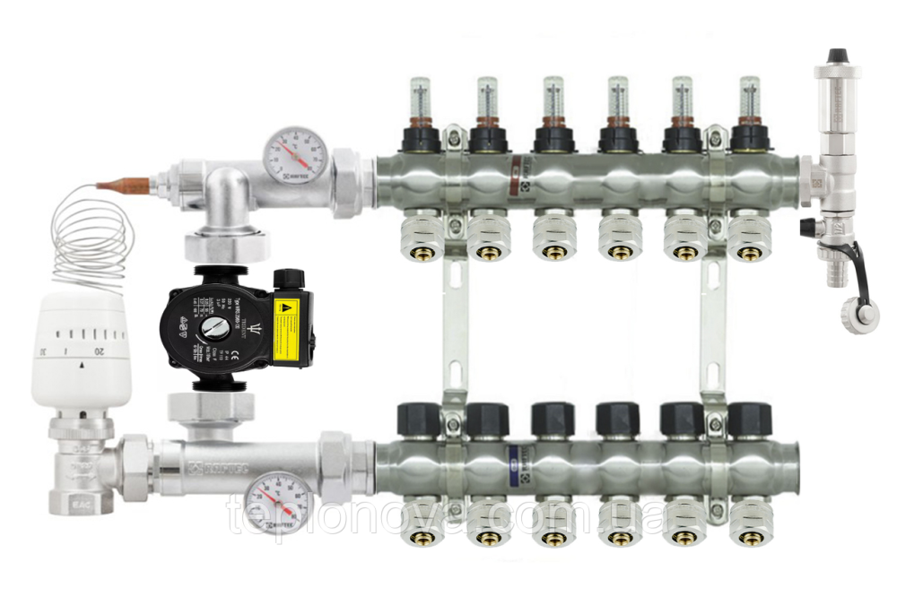 Колектор в зборі на 6 пар виходів нержавійка  "Raftec" для Теплої Підлоги з розходомірами Чернівці - фото 1