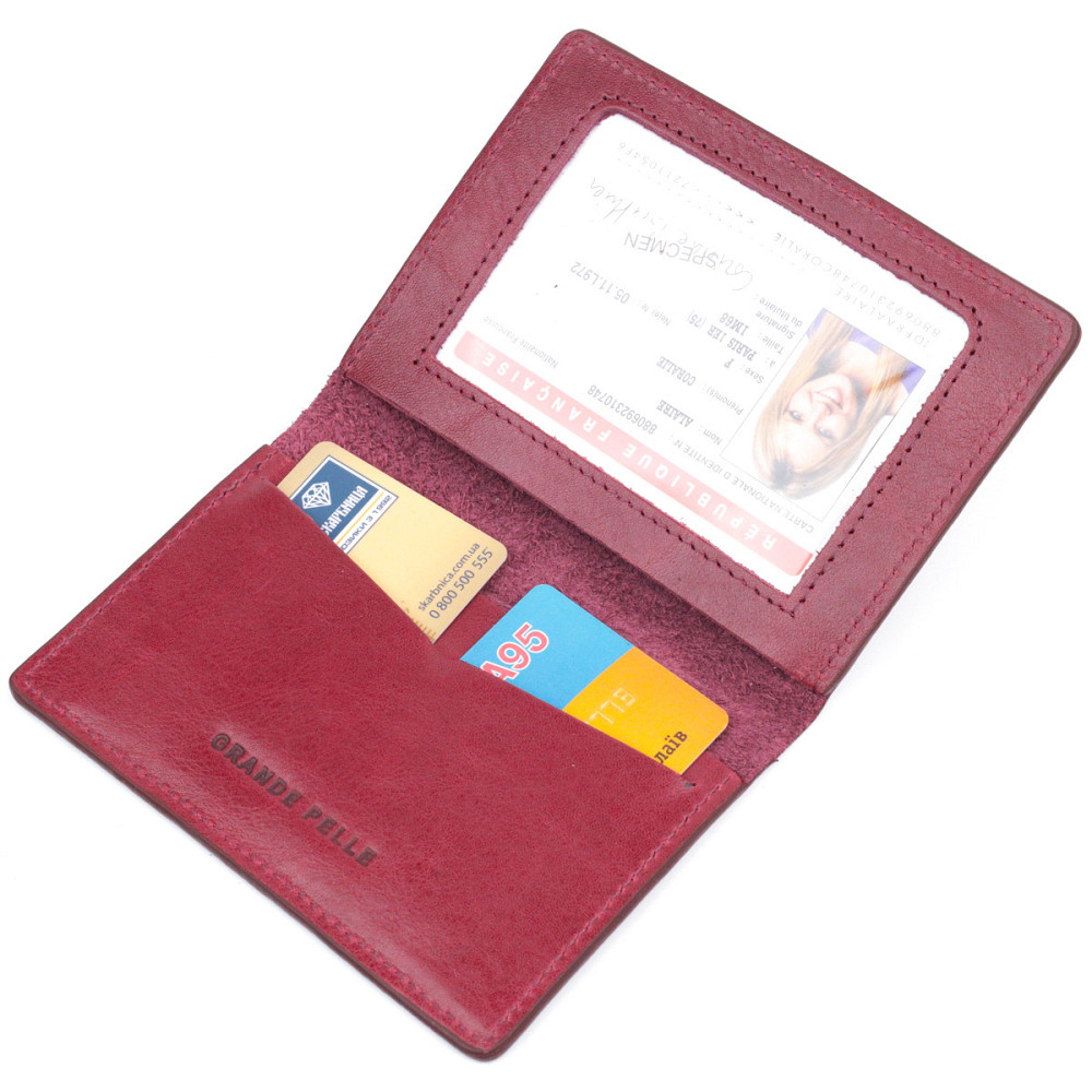 Жіноча обкладинка на військовий квиток із глянсової шкіри Карта GRANDE PELLE 16779 Бордова Київ - фото 4