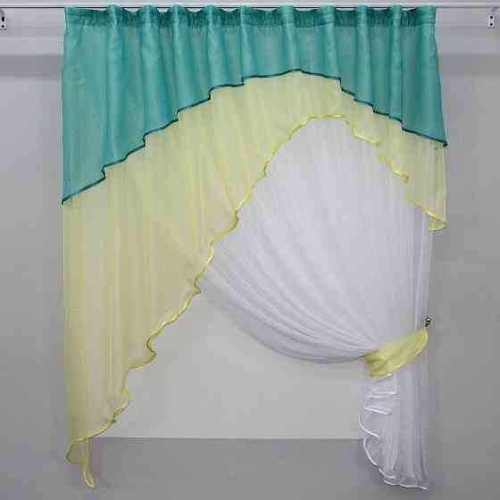 Кухонная занавеска VR-Textil № 031к штора-тюль с ламбрекеном белый с желтым и голубым 280х170 см (50-731) Киев