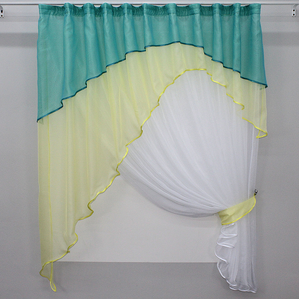 Кухонна занавіска VR-Textil № 031к штора-тюль з ламбрекеном білий з жовтим та блакитним 280х170 см (50-731) Київ - фото 1