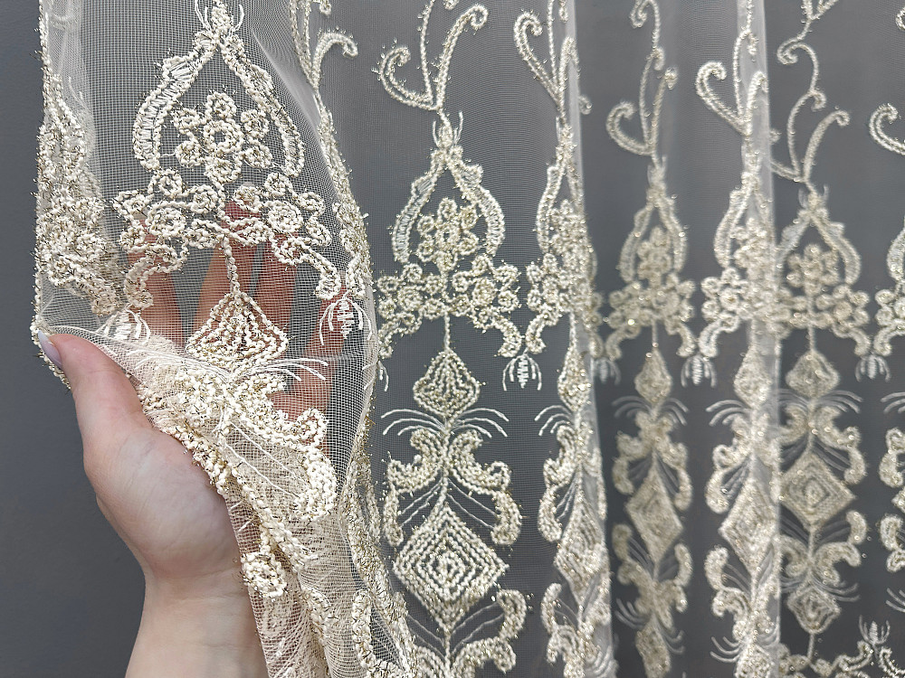 Тюль фатин "Kort" з вишивкою та люрексом колір молочний з золотистим 1568т Київ - фото 2