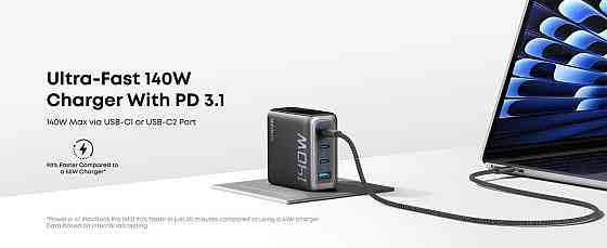 Мережевий зарядний пристрій Anker Laptop GaN Charger 140W, 3xUSB-C PD3.1 & 1xUSB-A w Display and Cable Black (7121460) Київ