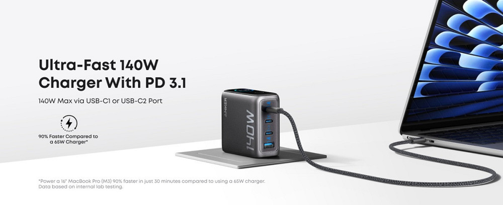 Мережевий зарядний пристрій Anker Laptop GaN Charger 140W, 3xUSB-C PD3.1 & 1xUSB-A w Display and Cable Black (7121460) Київ - фото 2