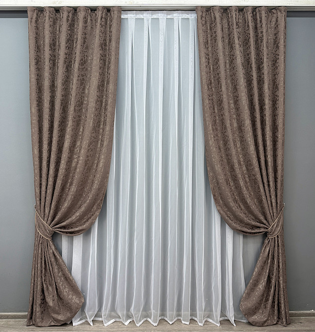 Комплект готовых штор VR-Textil Лен мрамор Pavliani VO № 1718ш какао 150х230 см 2 шт (39-0091) Киев - изображение 2