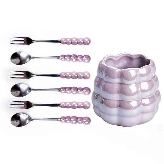 Набор десертных вилок и ложек на 3 персоны с подставкой из фарфора 7 предметов Фиолетовый HP-20-59 Киев