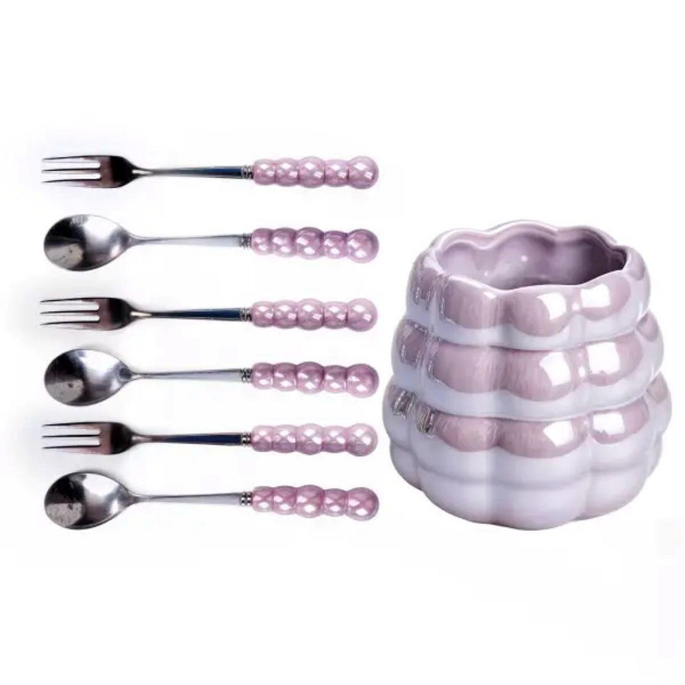 Набор десертных вилок и ложек на 3 персоны с подставкой из фарфора 7 предметов Фиолетовый HP-20-59 Киев - изображение 1