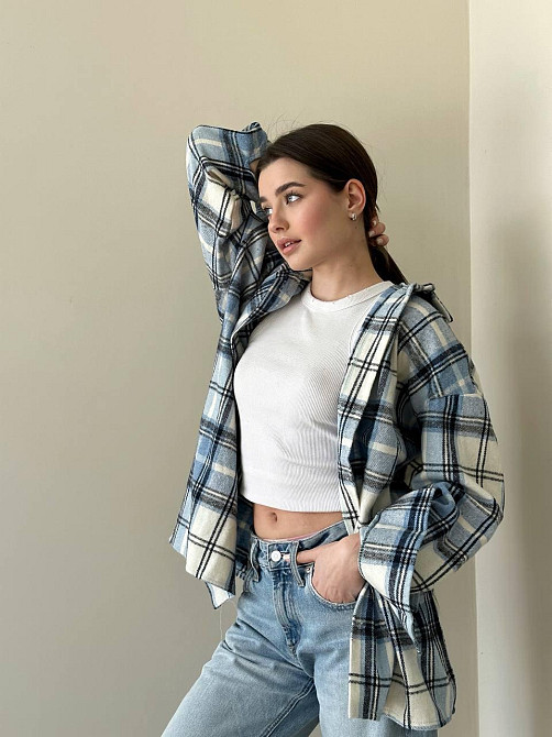 Женская теплая оверсайз рубашка в клетку из турецкого кашемира Голубой Одесса - изображение 2