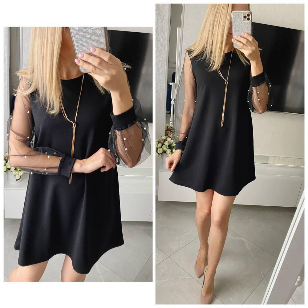 Жіноче святкове плаття з перлинами на рукавах креп дайвінг + сітка 52/54 Одеса - фото 1