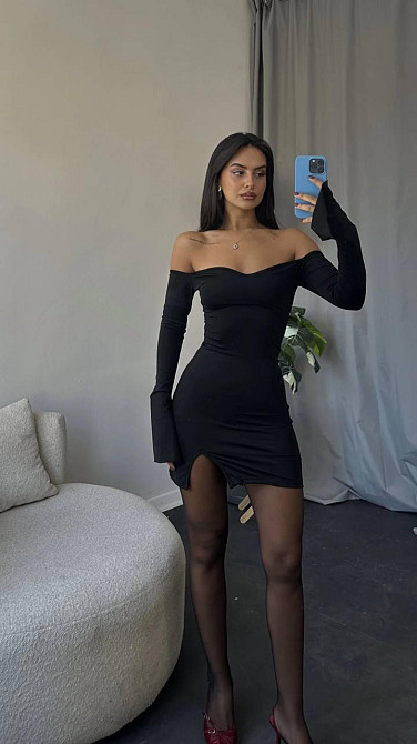 Женское облегающее мини платье с открытыми плечами микродайвинг Черный Одесса - изображение 1