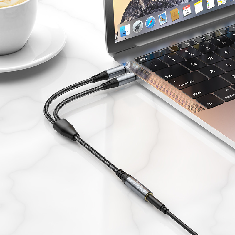 Аудио кабель HOCO UPA21 2-in-1 3.5 headset audio adapter cable(female to 2*male) 0.25m Metal Gray Одесса - изображение 8