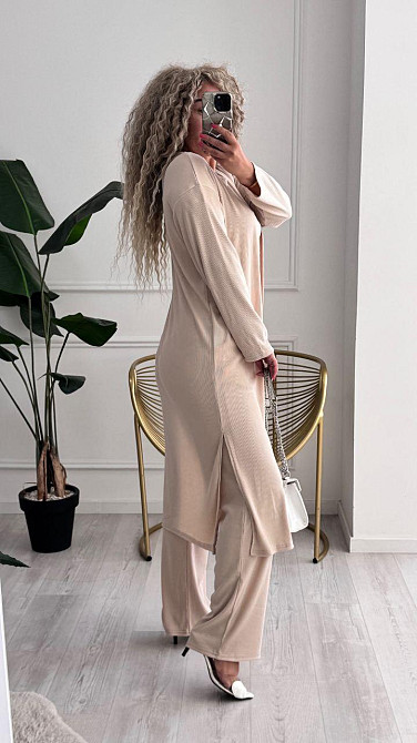 Жіночий базовий прогулянковий костюм-трійка: кардиган футболка та штани трикотажний рубчик Кремовий, 46/48 Одеса - фото 10