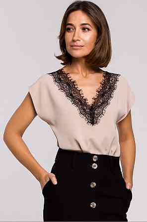 Жіноча блузка з вирізом та мереживом "Brenda" оптом | Батал Бежевий, 50-52 Київ