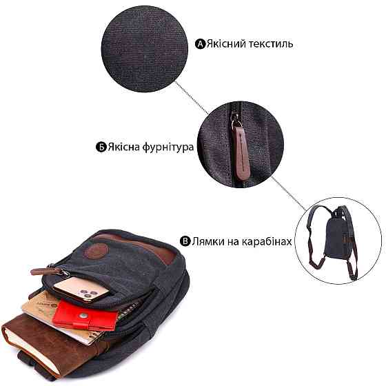 Текстильна сумка з ущільненою спинкою через плече Vintagе 22172 Чорний Київ