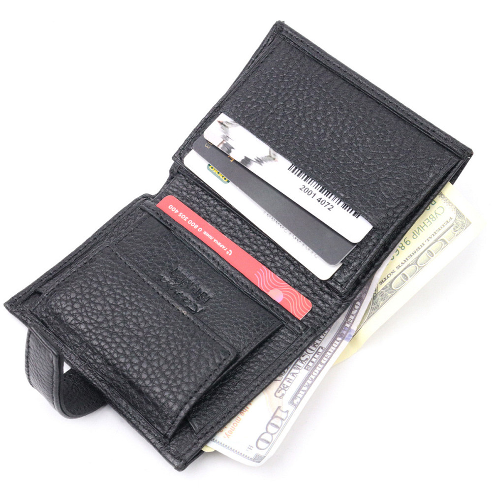 Функциональный вертикальный небольшой мужской кошелек из зернистой кожи KARYA 20992 Черный Киев - изображение 7