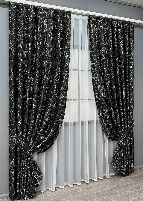 Комплект готових штор VR-Textil Льон мармур Royal Touch № 2005ш Чорний 150х270 см 2 шт (33-0973) Київ - фото 3