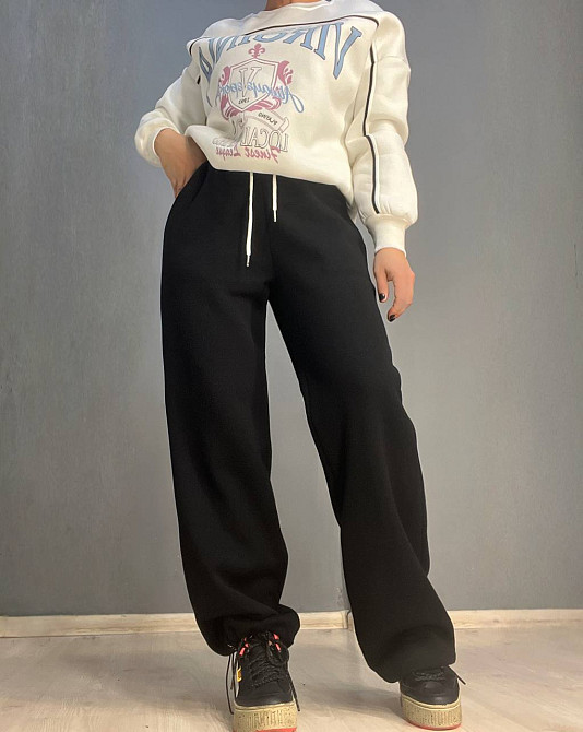 Штаны женские A-N 2771 свободный крой ровные от бедра белая резинка на талии утепленные на флисе черные, черный, S Киев - изображение 17