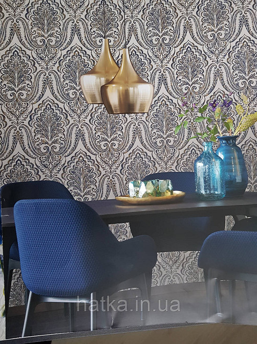 Шпалери текстильні еко 0.53х10.05 Rasch Textil Valentina класика вензелі дамаски сині з золотом на білому Київ - фото 1