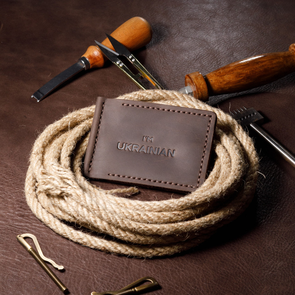 Чоловіча затиска для грошей, Кошелек з натуральної шкіри для купюр, чоловіча затиска I'm Ukrainian ручної роботи Київ - фото 1