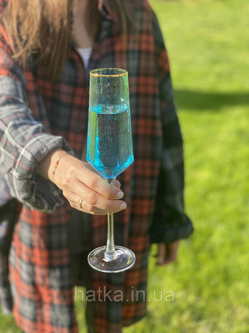 Келих для шампанського "Бірюза" 180 мл блакитний із золотою облямівкою Київ - фото 1