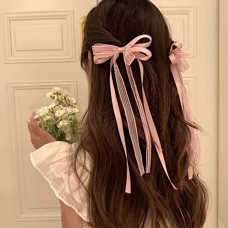 Набор 2 бантиков для волос — розовые, длинные ленты 11×30 см Киев - изображение 2
