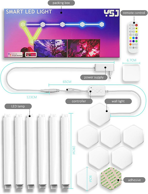 Світлодіодні настінні RGB світлові панелі YSJ PL-006, 14 шестикутників, музична синхронізація, Bluetooth, пульт Київ - фото 15