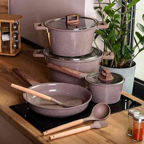 Набір посуду алюміній з товстим дном MGC з лопаткою, ополоником і пензликом кавовий HP-4-406CO Коломия