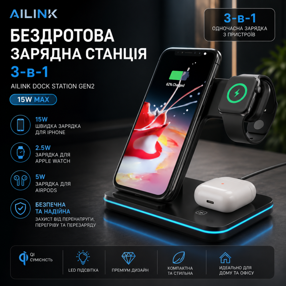 Беспроводная зарядная станция 3-в-1 Ailink Dock Station Gen2 15W для iPhone, Apple Watch, AirPods (Черная) Киев - изображение 1