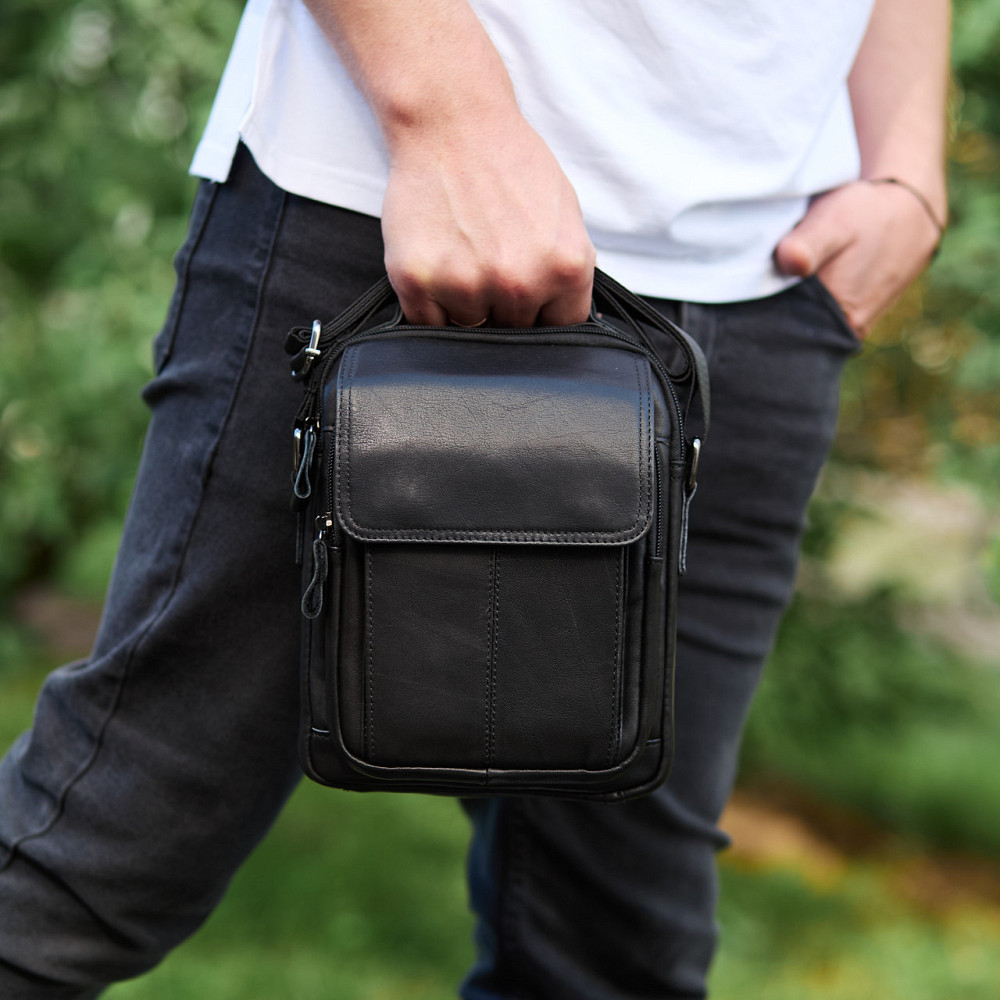 Сумка-барсетка мужская через плечо 19х24х8, мессенджер кожаный гладкий Tiding Bag TD-55467 черный цвет Киев - изображение 8