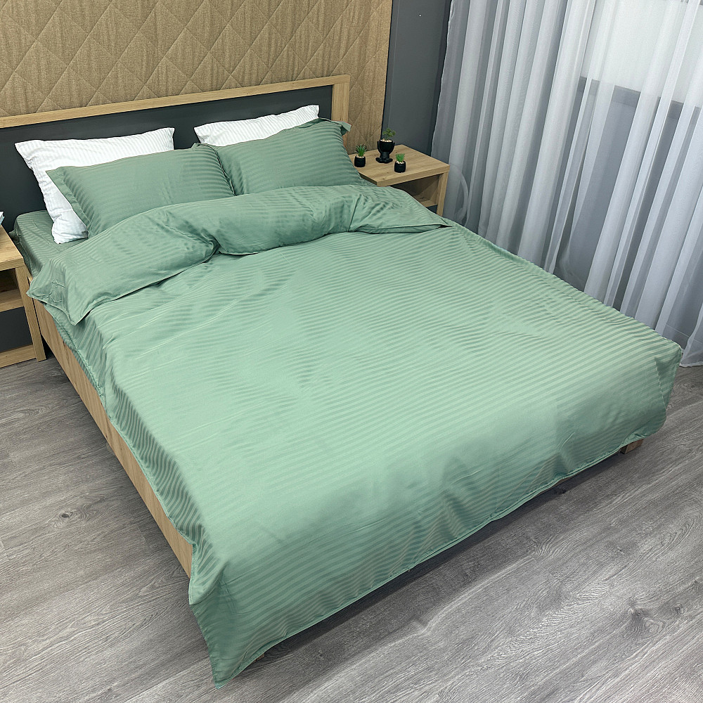 Комплект постільної білизни Страйп-сатин Євро 200х230 з простирадлом на резинці М'ятний (88-174) Київ - фото 2