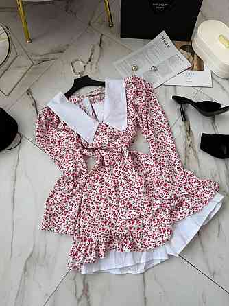 Жіноча романтична мінісукня-комбінезон у квітковий принт із білим коміром софт + котон Рожевий, 44/46 Одеса