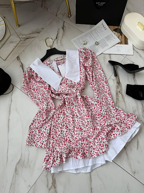 Женское романтичное мини платье-комбинезон в цветочный принт с белым воротником софт+котон Розовый, 44/46 Одесса - изображение 6