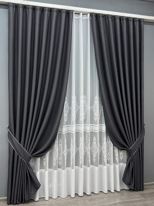 Комплект штор VR-Textil Льон Мішковина 150х270 2шт і Тюль 400х270 1161ш-1703т Графітовий з білим 71-178/3 Київ - фото 2